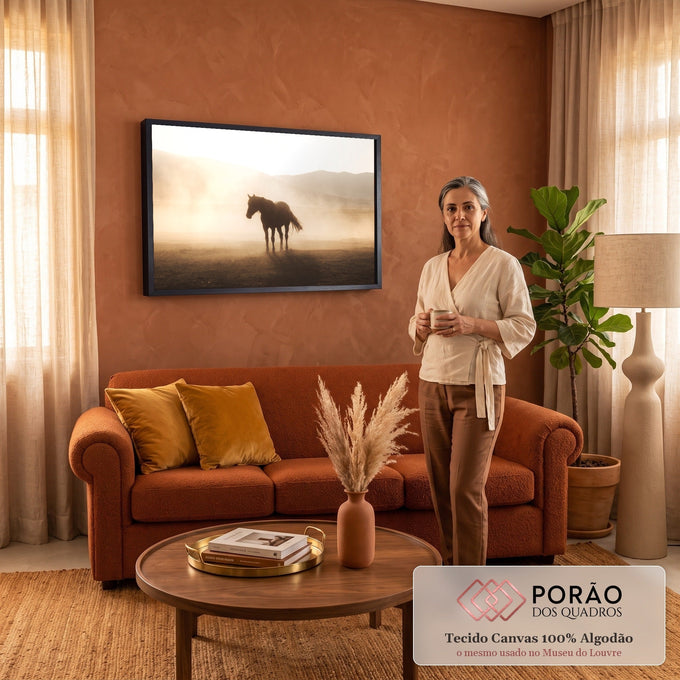 Cavalo solitário em contraluz na poeira dourada do campo com montanhas ao fundo, quadro decorativo