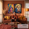 Quadro Decorativo Kit 2 Telas Nossa Senhora para Sala Azul | quadros decorativos para sala de estar | duas imagens de Nossa Senhora em mosaico geométrico azul e dourado | em ambiente 3 | Porao dos Quadros