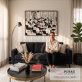 Quadro Decorativo Grande Escritório para Escritório Preto | quadros decorativos para sala de estar | ilustração em preto e branco de escritório movimentado com um livro vermelho em destaque | em ambiente 3 | Porao dos Quadros