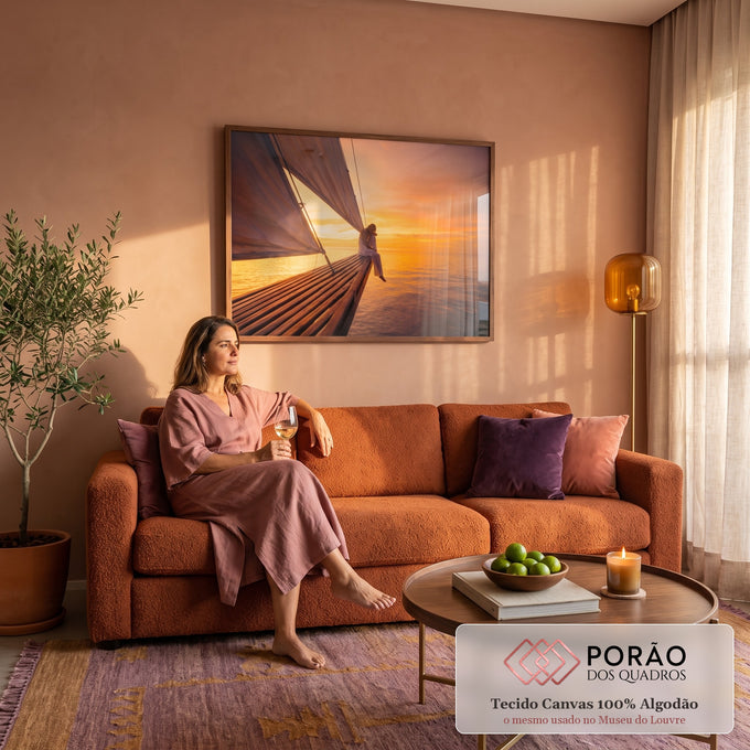 Quadro Decorativo Grande Mulher ao Pôr do Sol para Sala | quadros decorativos para sala de estar | mulher sentada na proa de veleiro observando pôr do sol laranja e roxo sobre o mar | em ambiente 3 | Porao dos Quadros