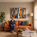 Quadro Decorativo Grande Dois Rostos Cubistas Azul para Sala | quadros decorativos para sala de estar | dois rostos cubistas em blocos de azul, laranja, bege e branco | em ambiente 3 | Porao dos Quadros