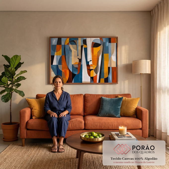 Quadro Decorativo Grande Dois Rostos Cubistas Azul para Sala | quadros decorativos para sala de estar | dois rostos cubistas em blocos de azul, laranja, bege e branco | em ambiente 3 | Porao dos Quadros