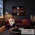 Quadro Decorativo Grande Lua Dourada para Sala Preto | quadros decorativos para sala de estar | lua dourada e avermelhada entre montanhas com pinheiros vermelhos refletidos no lago | em ambiente 3 | Porao dos Quadros