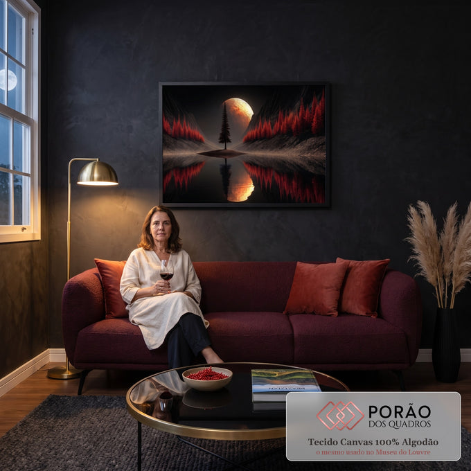 Quadro Decorativo Grande Lua Dourada para Sala Preto | quadros decorativos para sala de estar | lua dourada e avermelhada entre montanhas com pinheiros vermelhos refletidos no lago | em ambiente 3 | Porao dos Quadros