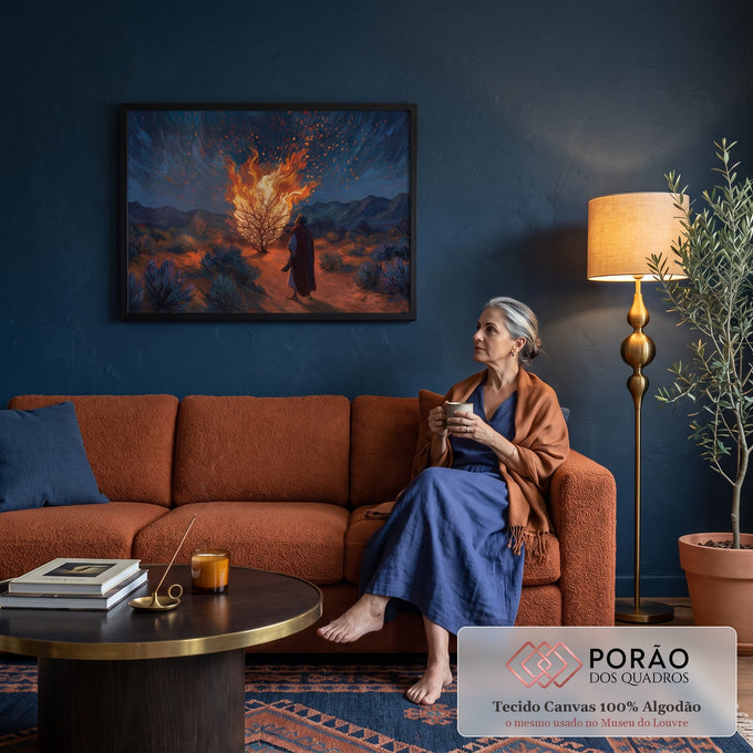 Quadro Decorativo Grande Sarça Ardente para Sala Azul | quadros decorativos para sala de estar | homem de manto observa arbusto em chamas sob céu noturno azul em espirais | em ambiente 3 | Porao dos Quadros