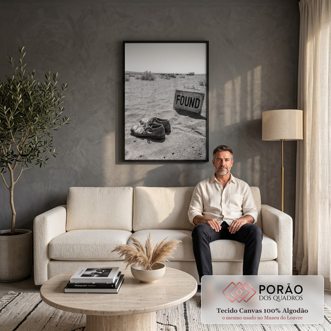 Sapatos velhos na areia do deserto com placa FOUND e carro ao fundo em preto e branco, quadro decorativo