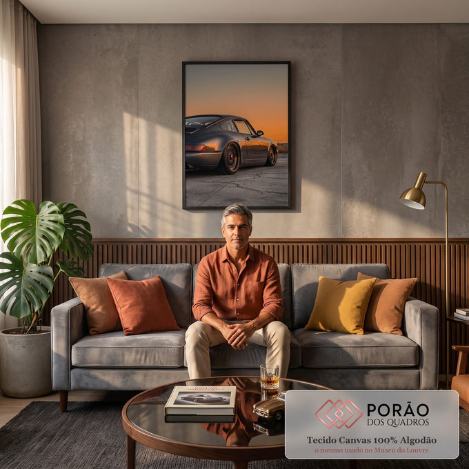 Porsche 911 cinza rebaixado com rodas douradas sob céu laranja de pôr do sol, quadro decorativo