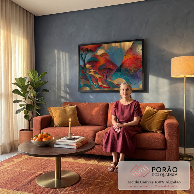 Quadro Decorativo Paisagem de Montanhas em Vermelho | quadros decorativos para sala de estar | paisagem de montanhas texturizadas em vermelho, dourado e azul com árvores estilizadas | em ambiente 3 | Porao dos Quadros