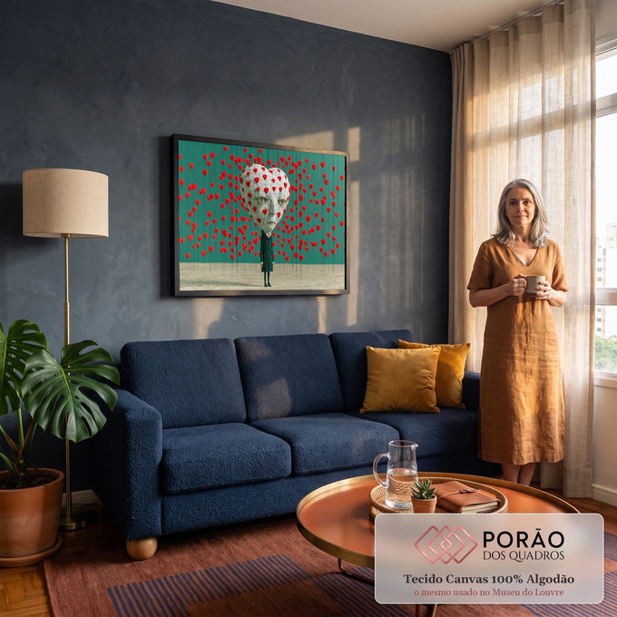 Figura de terno com cabeça de coração rachado entre corações vermelhos suspensos, fundo verde quadro decorativo