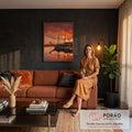 Galeão com mastros refletido na água do porto sob céu laranja de pôr do sol e gaivotas, quadro decorativo