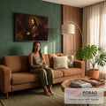 Jesus Cristo de túnica marrom e mãos abertas em pintura a óleo com fundo escuro, quadro decorativo