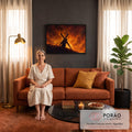 Quadro Decorativo Grande Jesus Carregando Laranja para Sala | quadros decorativos para sala de estar | homem carregando grande cruz de madeira cercado por chamas intensas | em ambiente 3 | Porao dos Quadros