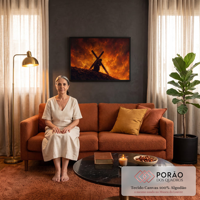 Quadro Decorativo Grande Jesus Carregando Laranja para Sala | quadros decorativos para sala de estar | homem carregando grande cruz de madeira cercado por chamas intensas | em ambiente 3 | Porao dos Quadros