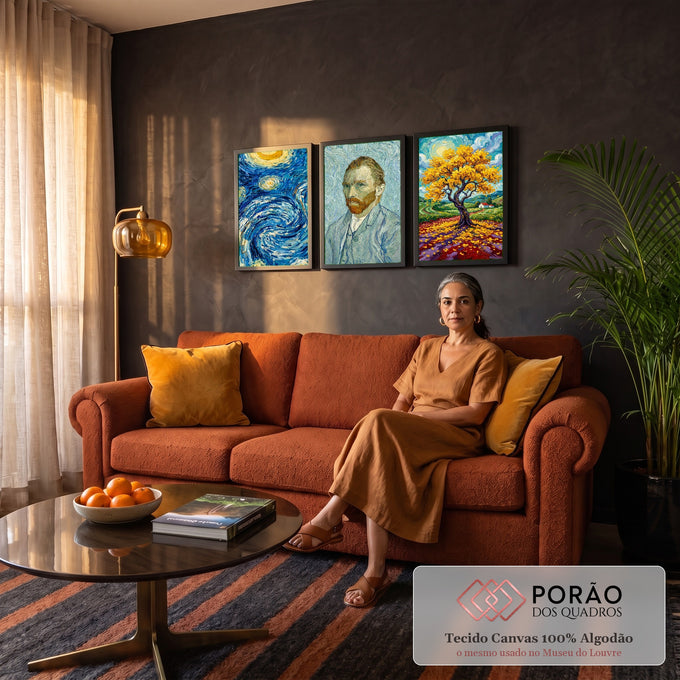 Quadro Decorativo Kit 3 Telas Tributo a Van Gogh para Sala | quadros decorativos para sala de estar | três painéis com noite estrelada, autorretrato e árvore dourada ao estilo Van Gogh | em ambiente 3 | Porao dos Quadros