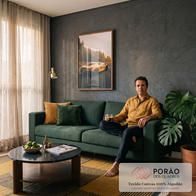 Carro esportivo amarelo em estrada de montanha com névoa e pinheiros ao amanhecer, quadro decorativo