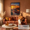 Barco de madeira vermelho em praia de pedras com capim e pôr do sol laranja sobre o mar, quadro decorativo