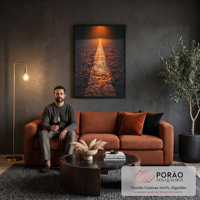 Fotografia de asfalto com faixa amarela iluminada por luz laranja ao entardecer, quadro decorativo