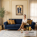Quadro Decorativo Grande Nossa Senhora Anjos para Sala Azul | quadros decorativos para sala de estar | Nossa Senhora de manto azul e halo dourado cercada por anjos entre nuvens | em ambiente 3 | Porao dos Quadros