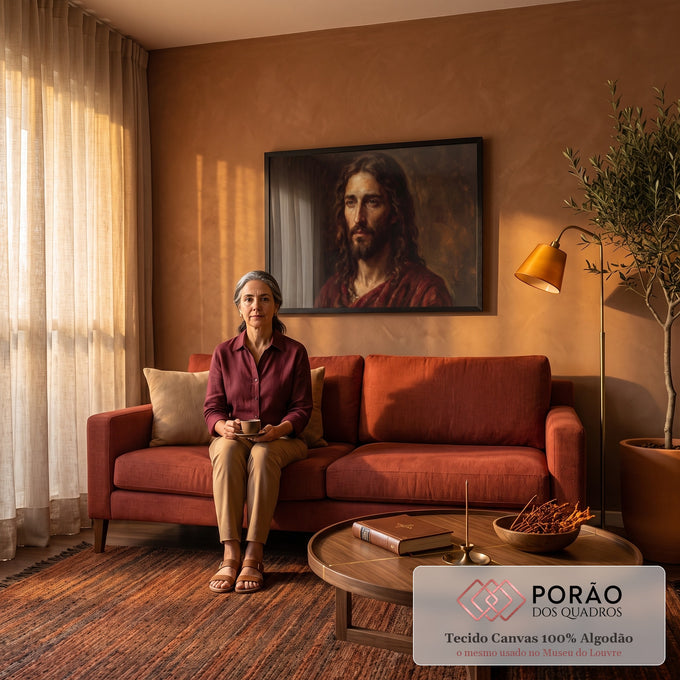 Retrato a óleo de Jesus Cristo com cabelo longo e manto vermelho sobre fundo escuro, quadro decorativo