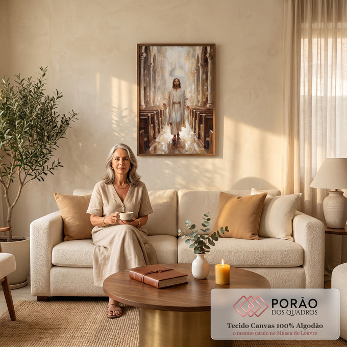 Quadro Decorativo Grande Jesus Cristo Branco para Sala | quadros decorativos para sala de estar | Jesus Cristo de braços abertos caminhando por corredor de igreja iluminado | em ambiente 3 | Porao dos Quadros