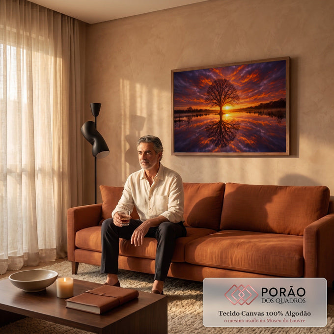 Árvore solitária em silhueta refletida no lago ao pôr do sol, céu laranja e roxo, quadro decorativo