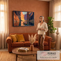 Cânion de rochas laranja refletido no rio com homem remando canoa, pintura a óleo, quadro decorativo