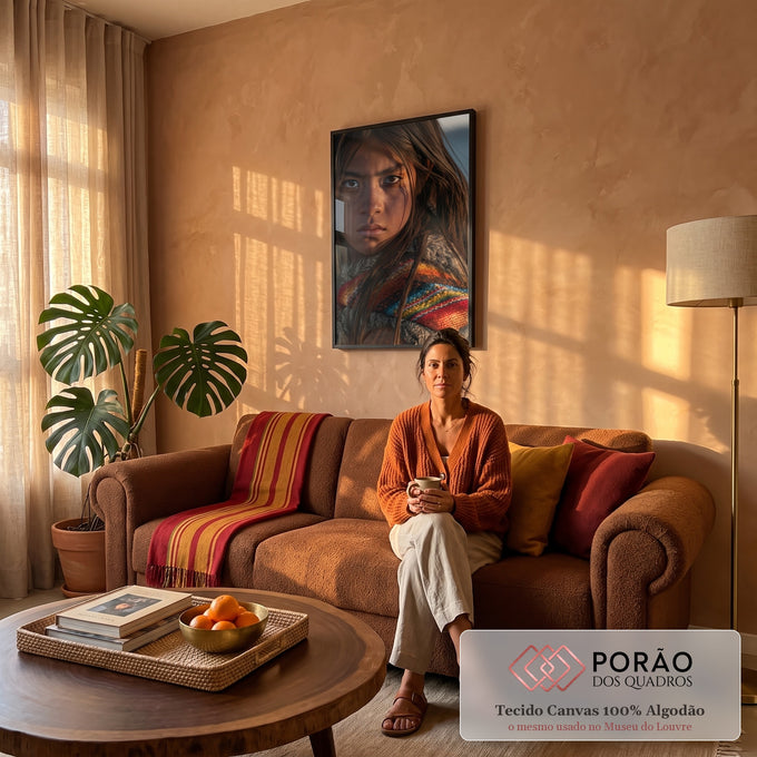 Quadro Decorativo Retrato de Jovem com Manto Tecido Colorido | quadros decorativos para sala de estar | retrato de jovem com sardas e manto de lã colorido sob luz dourada | em ambiente 3 | Porao dos Quadros