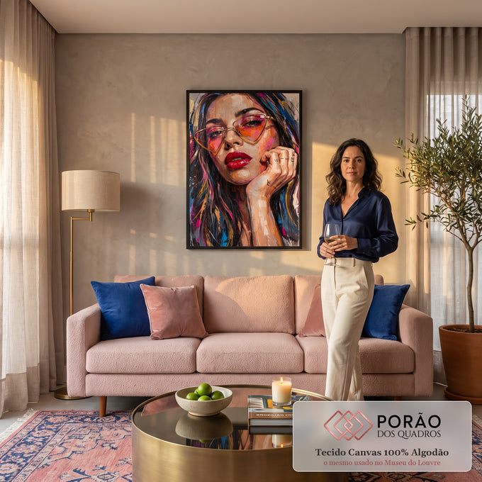 Quadro Decorativo Grande Mulher de Óculos para Sala Rosa | quadros decorativos para sala de estar | retrato de mulher com óculos rosa e cabelo colorido em pintura texturizada | em ambiente 3 | Porao dos Quadros