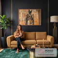 Quadro Decorativo Grande Deusa Gato Egípcia para Sala Preto | quadros decorativos para sala de estar | figura de cabeça de gato preto com joias douradas egípcias segurando um ankh | em ambiente 3 | Porao dos Quadros