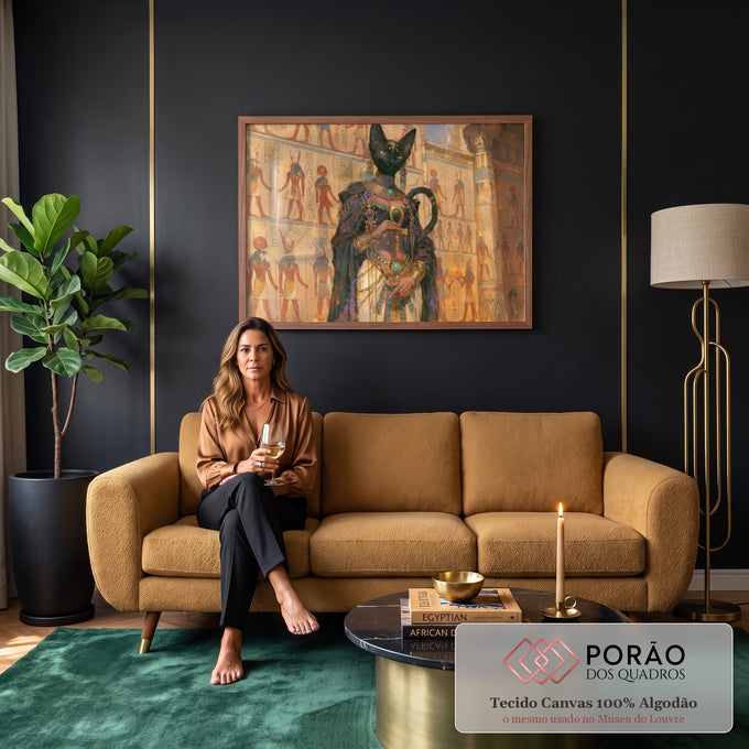 Quadro Decorativo Grande Deusa Gato Egípcia para Sala Preto | quadros decorativos para sala de estar | figura de cabeça de gato preto com joias douradas egípcias segurando um ankh | em ambiente 3 | Porao dos Quadros
