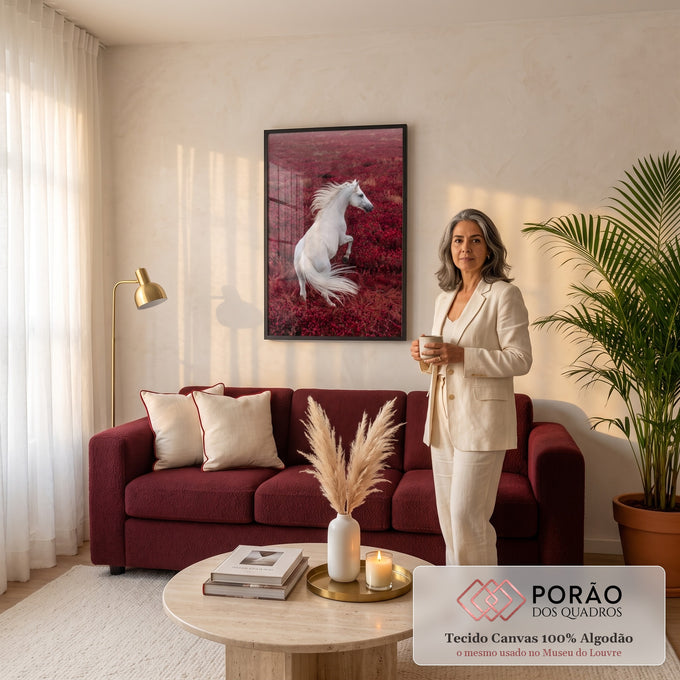 Cavalo branco empinado com crina ao vento em campo de flores vermelhas, quadro decorativo