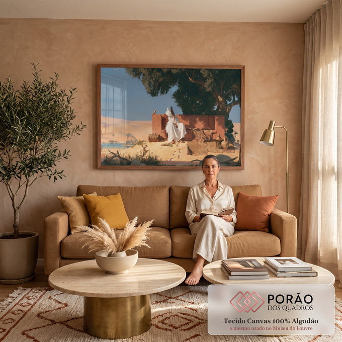 Quadro Decorativo Homem Árabe Sentado em Oásis no Deserto | quadros decorativos para sala de estar | homem árabe sentado à sombra de uma árvore com oásis e dunas ao fundo | em ambiente 3 | Porao dos Quadros