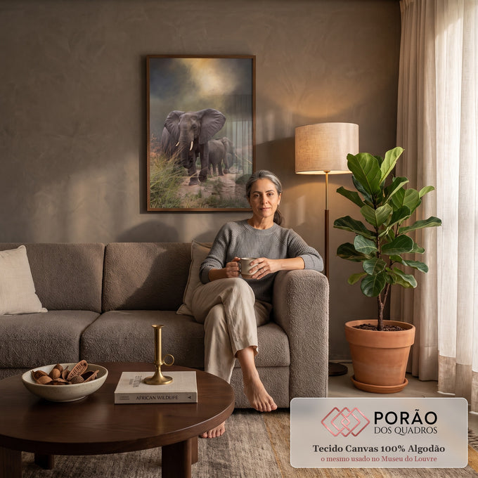 Manada de elefantes caminhando por trilha de terra na savana sob névoa e luz dourada, quadro decorativo