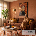 Quadro Decorativo Grande Grito de Edvard para Sala Laranja | quadros decorativos para sala de estar | figura gritando em pinceladas texturizadas de laranja, vermelho e marrom | em ambiente 3 | Porao dos Quadros