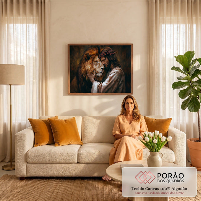 Jesus com coroa de espinhos encosta o rosto no leão de juba dourada, pintura marrom, quadro decorativo