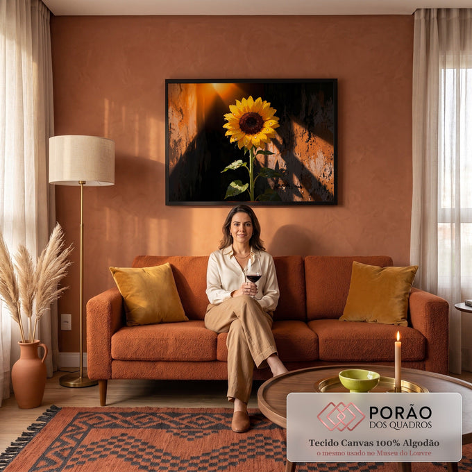 Girassol amarelo com gotas de orvalho iluminado por raio de sol em muro rústico laranja, quadro decorativo