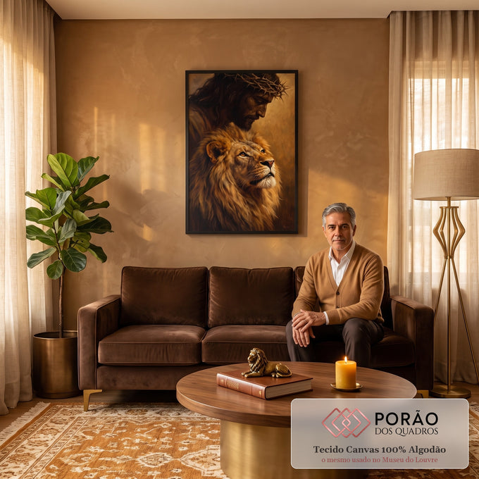 Quadro Decorativo Grande Jesus para Sala Marrom | quadros decorativos para sala de estar | Jesus com coroa de espinhos inclinado sobre um leão dourado em pintura clássica | em ambiente 3 | Porao dos Quadros