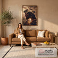 Quadro Decorativo Grande Jesus Crucificação para Sala Marrom | quadros decorativos para sala de estar | rosto de Jesus com coroa de espinhos fundido a montanha com três cruzes e túmulo | em ambiente 3 | Porao dos Quadros