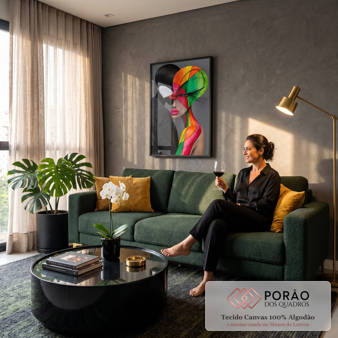 Mulher com rosto pintado em cores geométricas abraçada por figura preta em fundo cinza, quadro decorativo