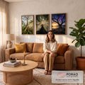 Quadro Decorativo Kit 3 Telas Árvore em Floresta para Sala | quadros decorativos para sala de estar | árvores em três cenários: floresta com luz solar, raios dourados e noite estrelada sobre lago | em ambiente 3 | Porao dos Quadros