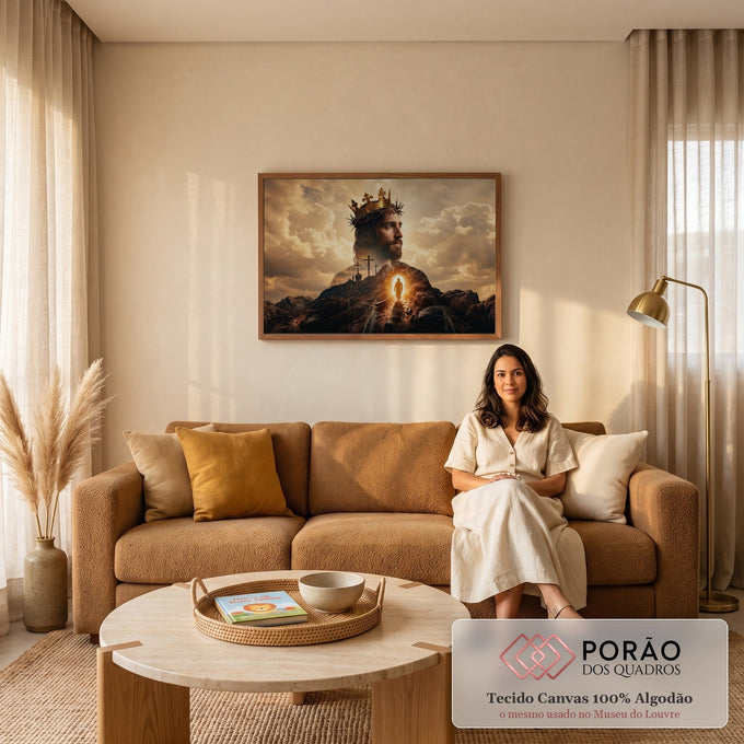 Quadro Decorativo Grande Jesus Coroa Dourada para Sala | quadros decorativos para sala de estar | rosto de Jesus com coroa de espinhos e dourada sobre montanha com três cruzes e túmulo iluminado | em ambiente 3 | Porao dos Quadros