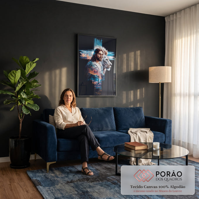 Quadro Decorativo Grande Jesus e Leão Branco para Sala Preto | quadros decorativos para sala de estar | Jesus ao lado de leão branco com cruz de céu formada ao fundo | em ambiente 3 | Porao dos Quadros