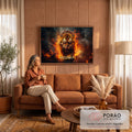 Quadro Decorativo Grande Tigre Rosnando para Sala Laranja | quadros decorativos para sala de estar | tigre rosnando em meio a chamas e fumaça intensa | em ambiente 3 | Porao dos Quadros