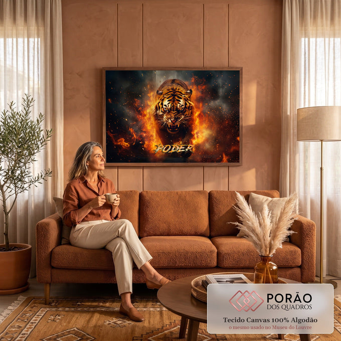 Quadro Decorativo Grande Tigre Rosnando para Sala Laranja | quadros decorativos para sala de estar | tigre rosnando em meio a chamas e fumaça intensa | em ambiente 3 | Porao dos Quadros
