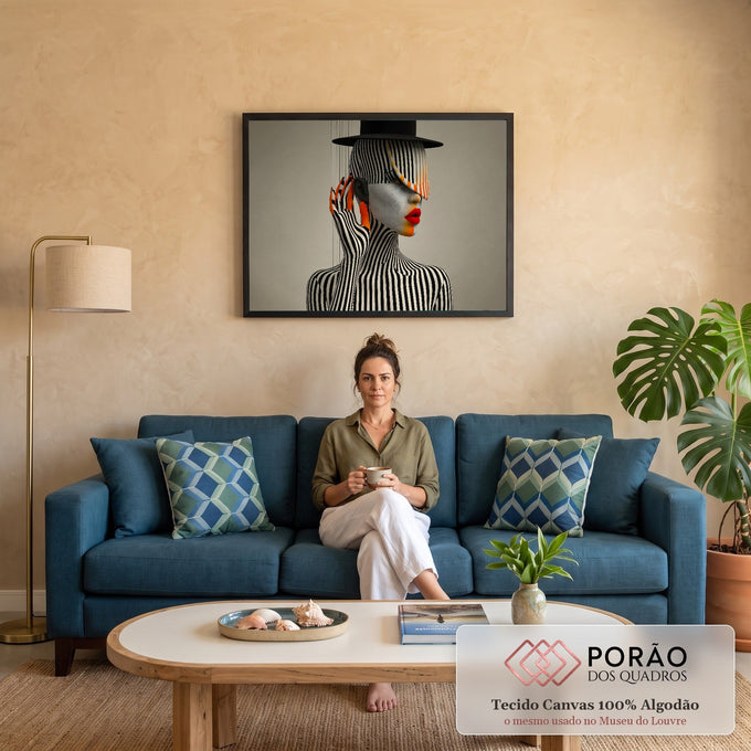 Mulher surreal com listras preto e branco, cartola preta, lábios vermelhos e unhas laranja, quadro decorativo