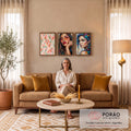 Quadro Decorativo Kit 3 Telas Retratos Femininos para Sala | quadros decorativos para sala de estar | duas mulheres em retrato expressionista colorido ao lado de painel abstrato pastel | em ambiente 3 | Porao dos Quadros