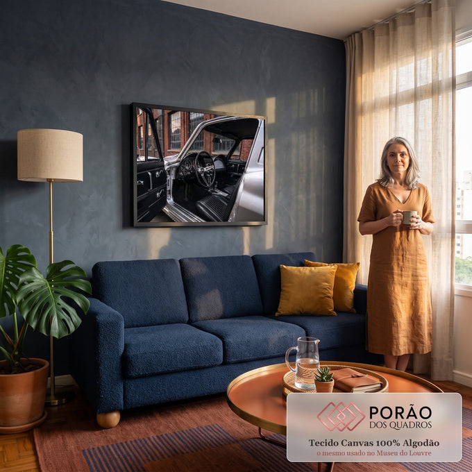 Interior de carro esportivo clássico prata com volante cromado e bancos de couro preto, quadro decorativo