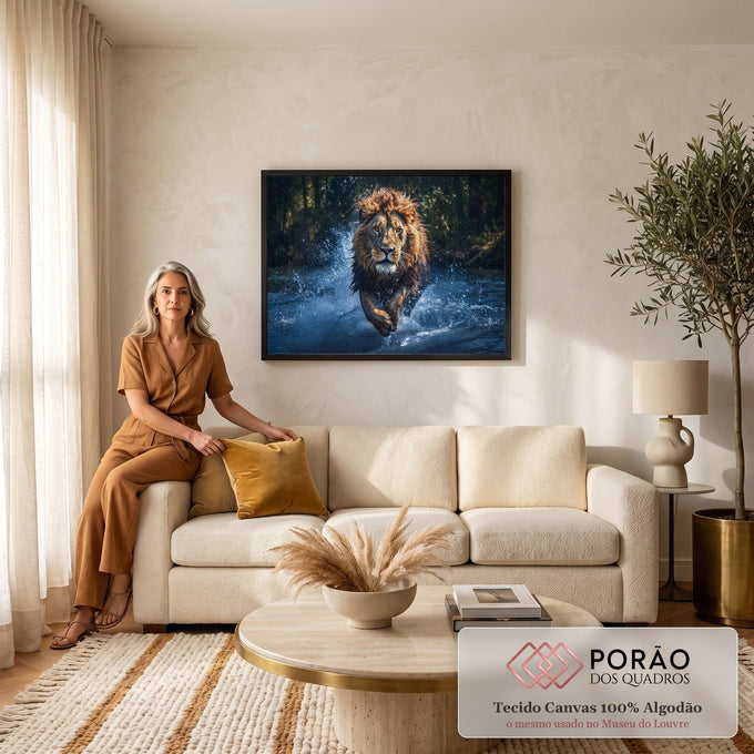 Leão de juba dourada correndo pelo rio azul entre respingos de água e floresta escura, quadro decorativo