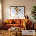 Músico tocando trompete em pinceladas coloridas com notas musicais sobre fundo branco, quadro decorativo