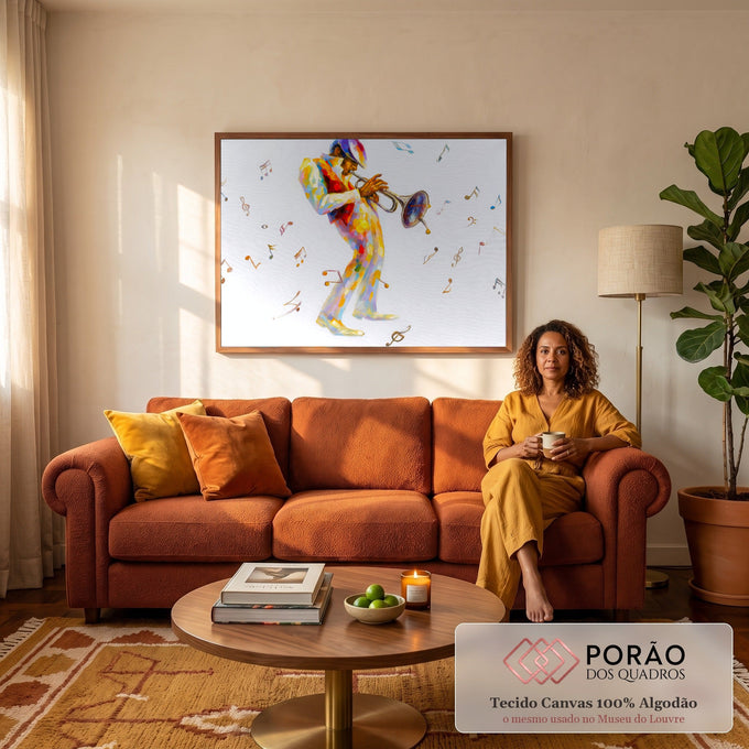 Músico tocando trompete em pinceladas coloridas com notas musicais sobre fundo branco, quadro decorativo